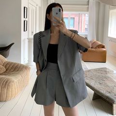韓国chicレトロ高級感バックシングルボタン半袖スーツコートハイウエストワイド脚ショートパンツ2点セット