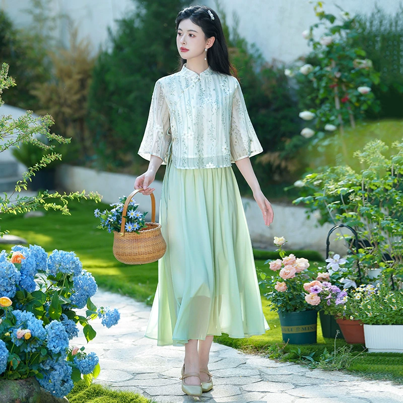 Новый летний китайский стиль, ретро-вышитый костюм Тан с принтом, элемент Хань, улучшенный топ Ханфу, чеонсам, комплект чайного костюма в китайском стиле