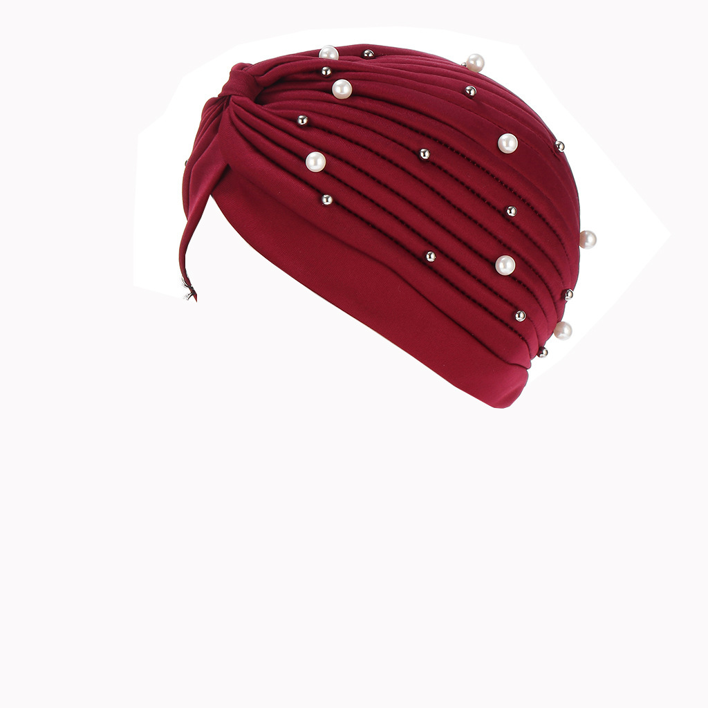 Daily Occasion Polyester Material Women's Simple Style Solid Color Pearl  Eaveless Beanie Hat