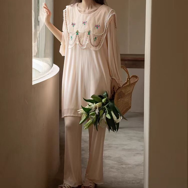 Palace Style Pajamas for Women, Spring and Autumn Modal Long-Sleeve Princess V-Neck Lace White Fairy Summer Set, French Style