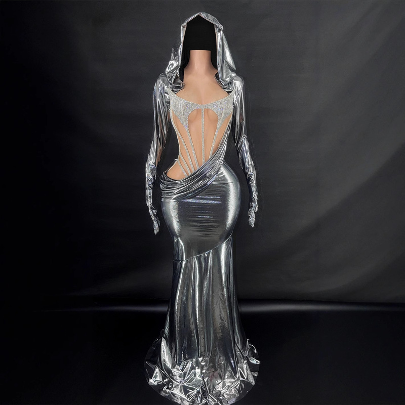 Fashionable Slim-fit Diamond-embellished Strapless Drape Long dress Evening Gown with Hat