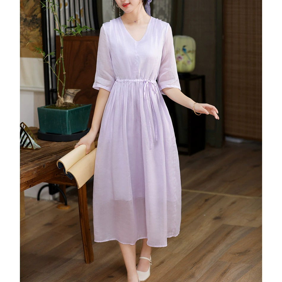 2021 летняя новая Оригинальная женская одежда рами художественный стиль V-образным вырезом на шнуровке Свободное длинное платье для женщин