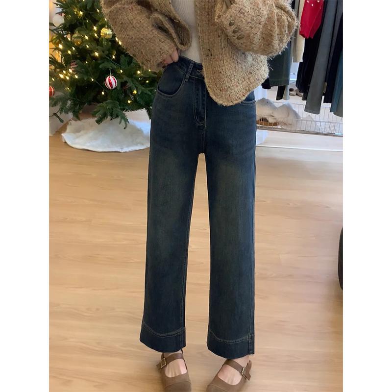 플러스 사이즈 높은 허리 넓은 다리 청바지 여성의 2024 가을 새 통통녀 슬리밍 작은 9 점 스트레이트 파이프 바지