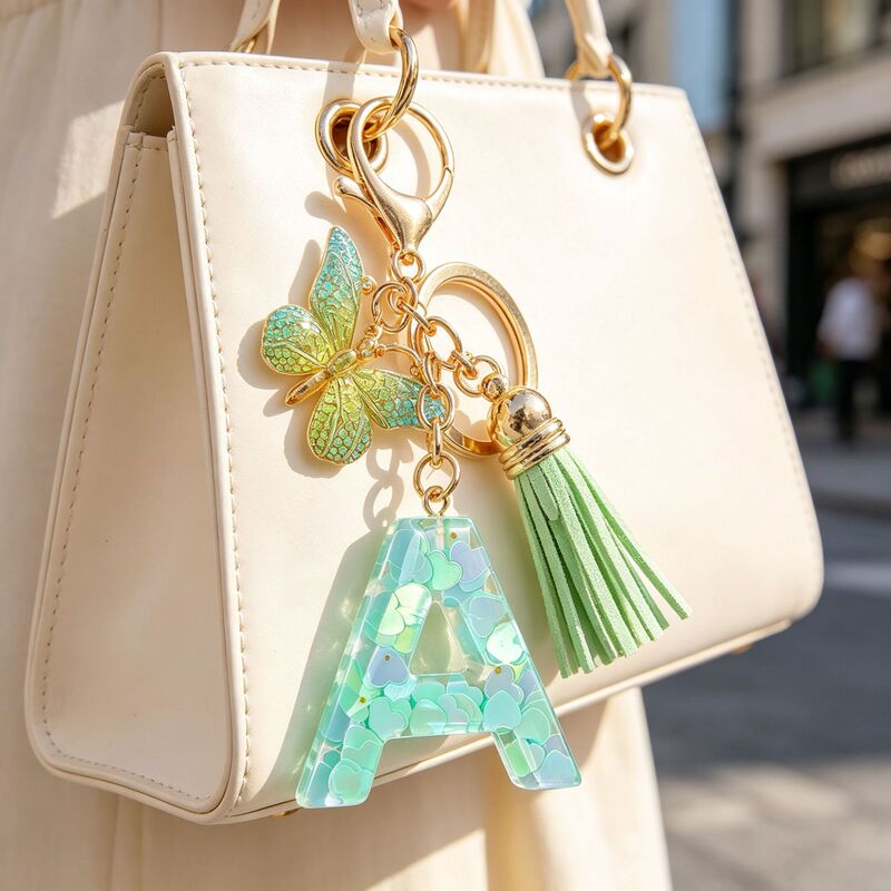 Cross-Border 26 English Letter Keychain Green Butterfly Resin Pendant Keychain Women's Bag Accessories Cross-Border 26 English Letter Keychain Green Butterfly Resin Pendant Keychain Women's Bag Accessories