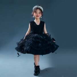 女童走秀礼服2026新款黑色蓬蓬纱蛋糕裙儿童生日派对小女孩公主裙
