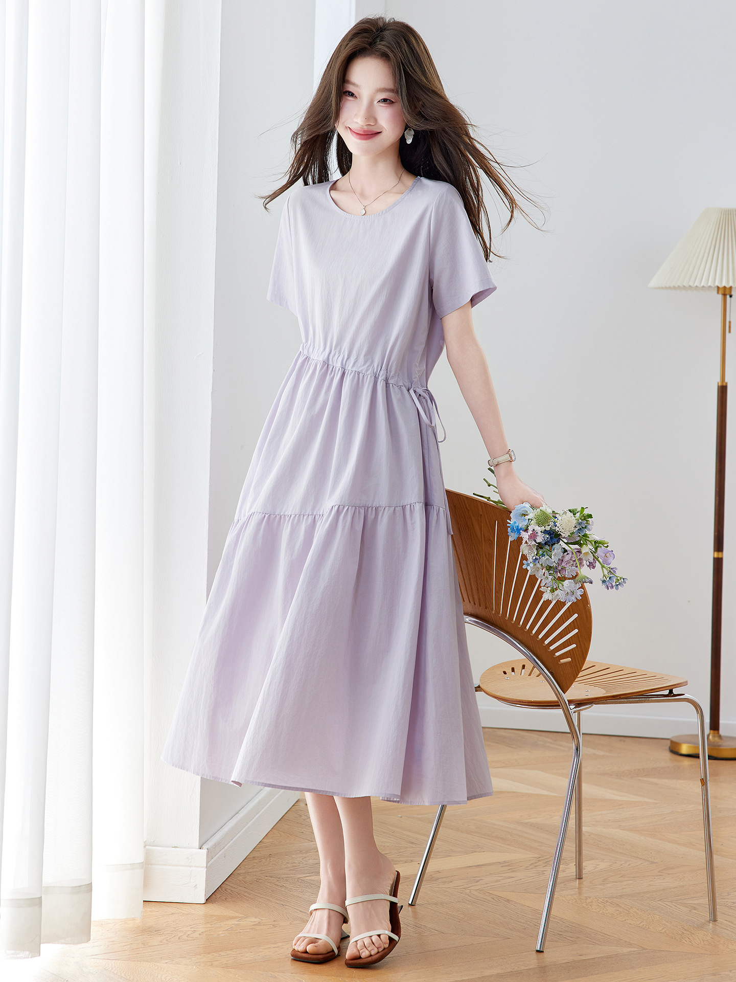 Đầm maxi nữ thắt eo dáng suông rút dây A-line tay ngắn JY2619 — màu tím nhạt, Vàng nhạt