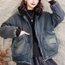 复古民族风印花加绒加厚连帽牛仔棉衣外套女冬季宽松休闲保暖棉袄