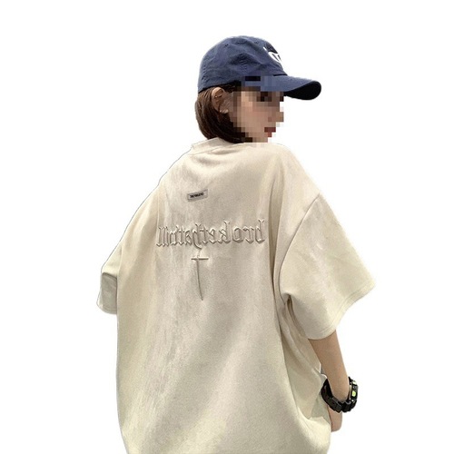 Summer American Retro Short Sleeve T-Shirt for Men, Cool and Stylish Embroidered Streetwear Brand Loose Faux Fur Half-Sleeve T-Shirt