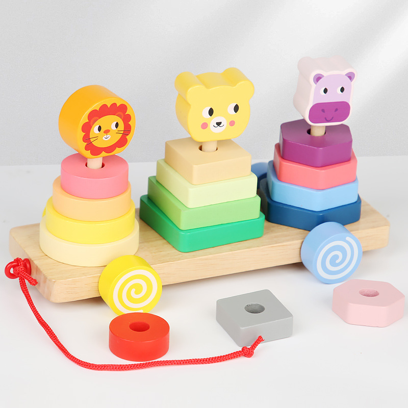 Bebé de madera Montessori educación temprana conjunto animal columna remolque ejercicio niños agarre tamaño cognitivo juguetes educativos