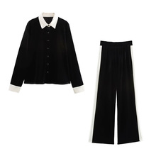 2025夏季新款女装休闲显瘦欧美跨境 绒拼接开鹅绒衬衫长裤套装