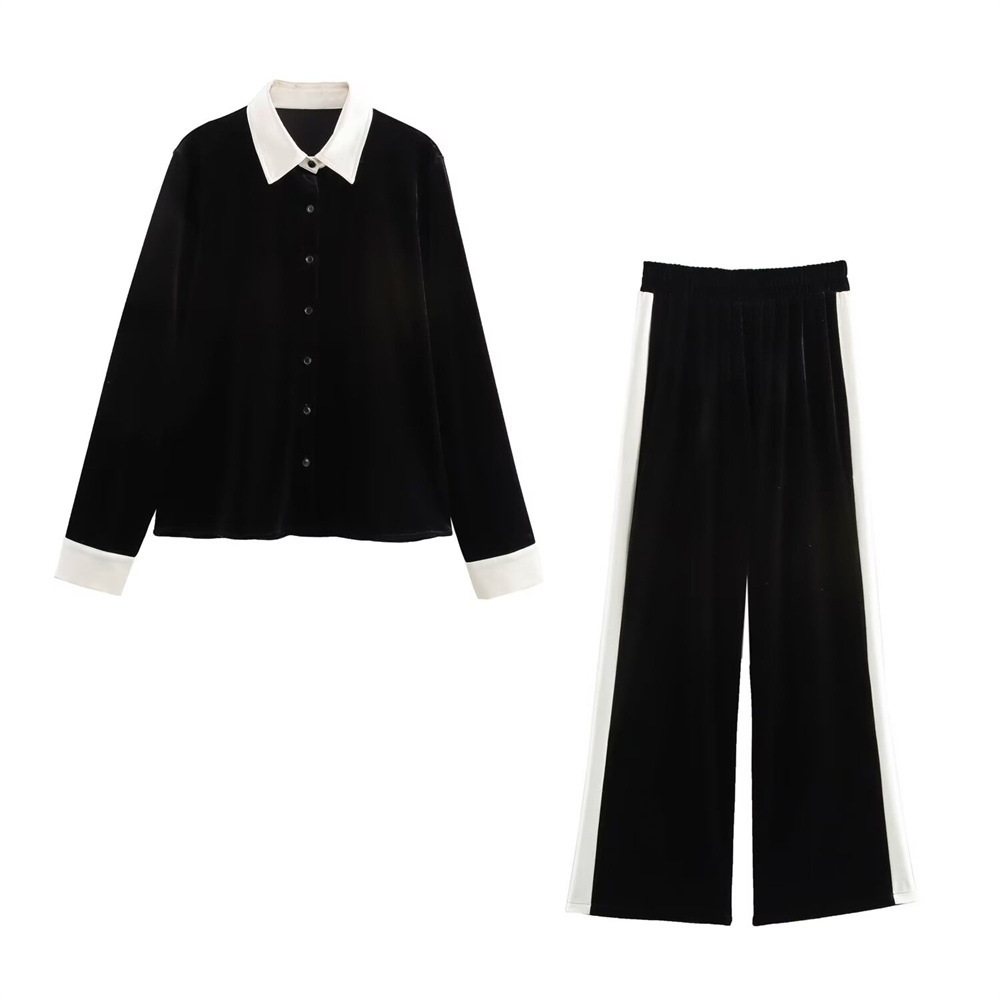 2025夏季新款女装休闲显瘦欧美跨境 绒拼接开鹅绒衬衫长裤套装