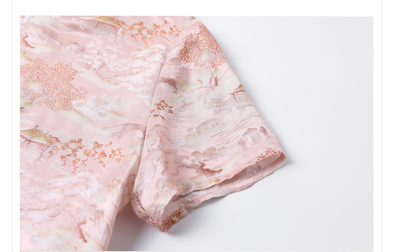 Áo thun cổ tròn tay ngắn phong cách Tân Trung Hoa đính khuy vải, chất liệu lụa tơ tằm jacquard — Màu hồng, màu mơ chi tiết 12