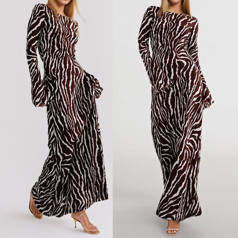 Bohemian Summer New Printed Dress for Women European and American Style Sexy Sexy See-Through Round Neck Long-Sleeved Dress