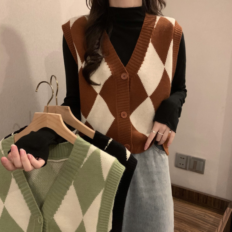 Diamond-Shaped Knitted Vest for Women in Autum 2022 New Preppy Style Foreign Style Age-Reducing Sleeveless Sweater Small Cardigan Vest