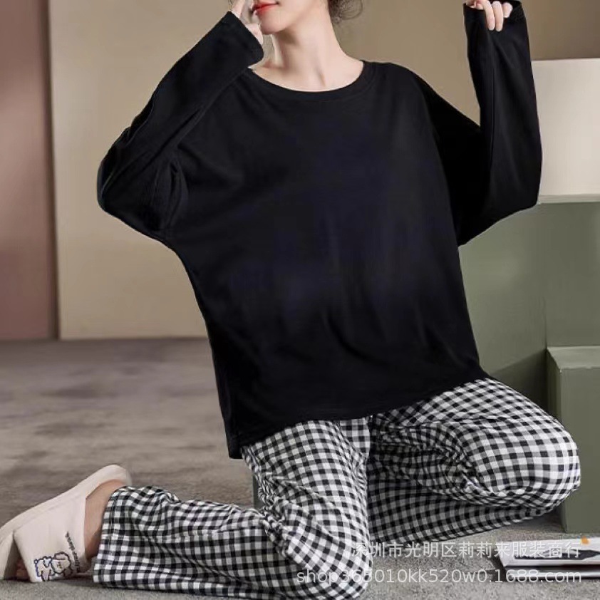 더블 롱 블랙 체크 팬츠