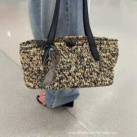 小众设计编织托特包女新款复古撞色拼接单肩手提包通勤度假大容量
