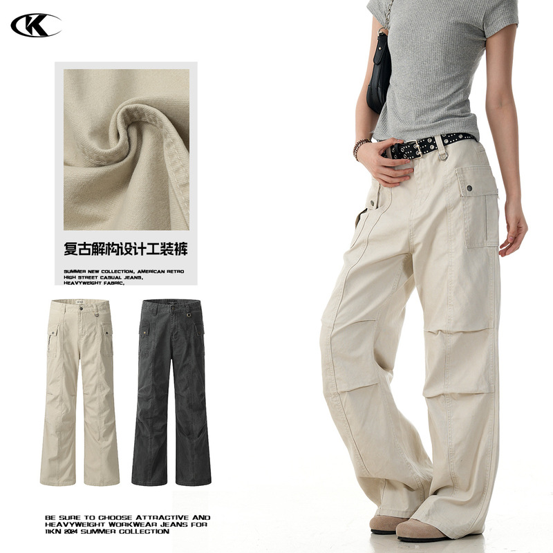 11Kn American Retro Straight-Leg Slightly Flared Cargo Pants for Men and Women, Slim Multi-Flap Pocket Pants, Simple Loose Casual Pure Cotton Pants