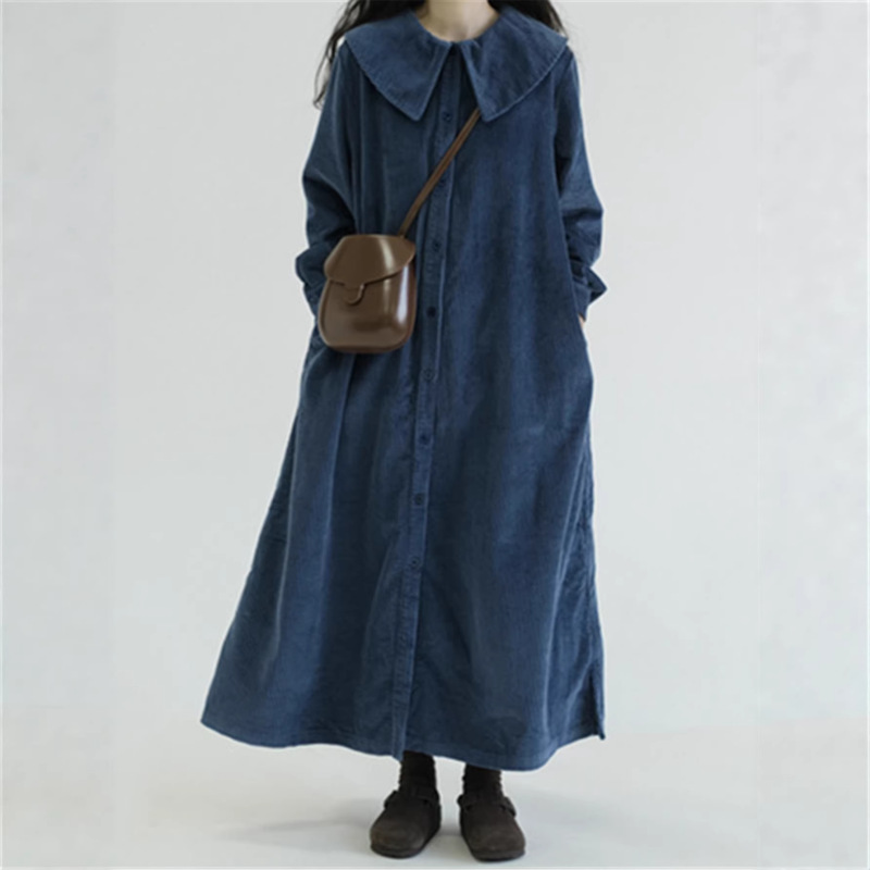Women's Autumn and Winter Long-Sleeve Solid Color Dress, Vintage Corduroy Sailor Collar Cardigan, Convertible Loose Fit, Overseas Warehouse