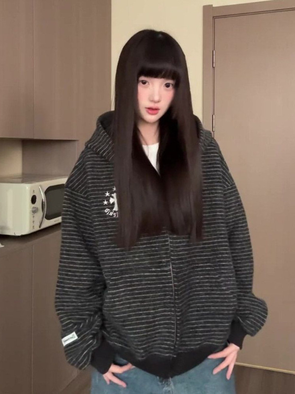美式独特条纹连帽卫衣女2025新款春秋宽松慵懒风拉链外套ins潮|undefined