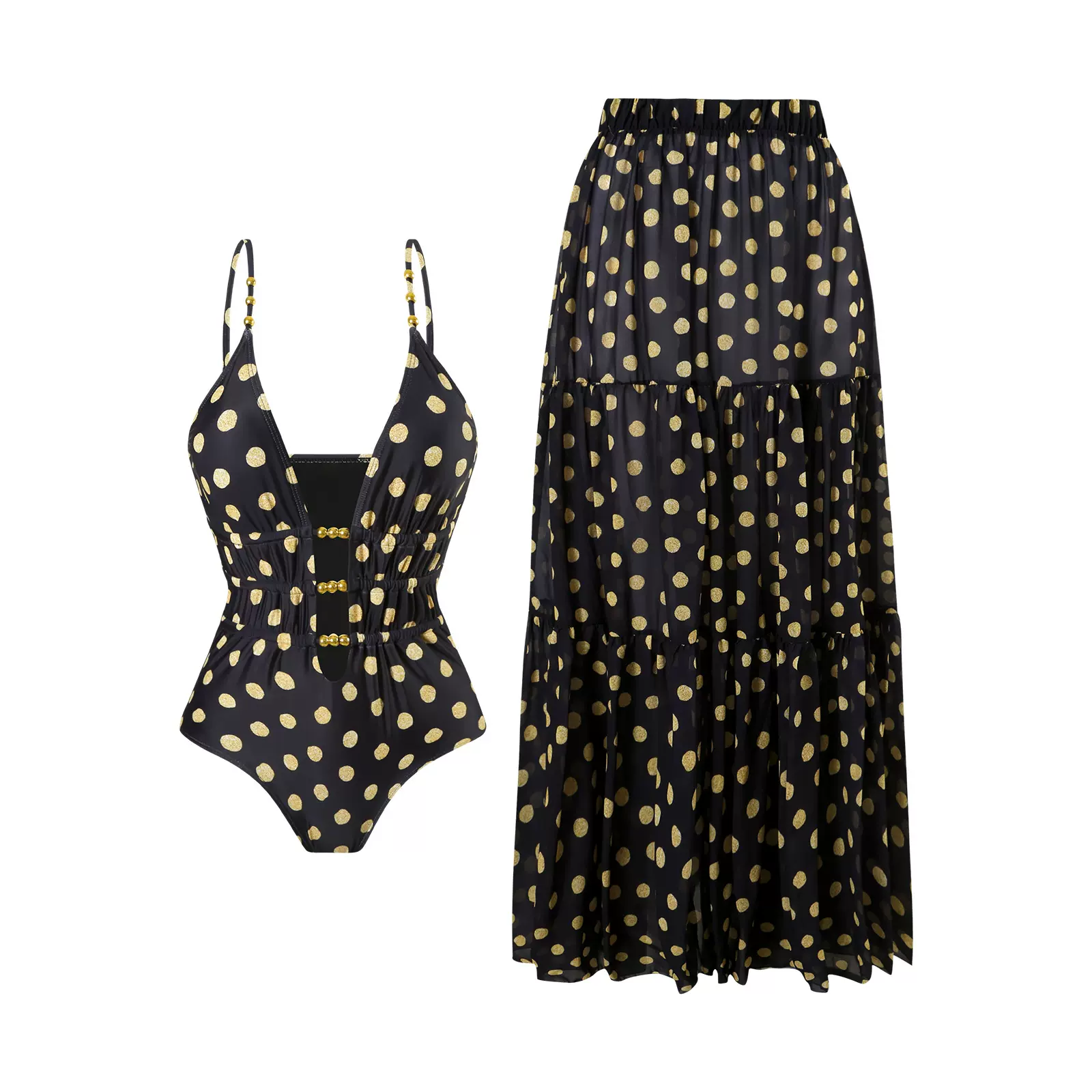 欧美新款连体泳衣女性感法式波点吊带紧身两件套半身裙套装泳衣女