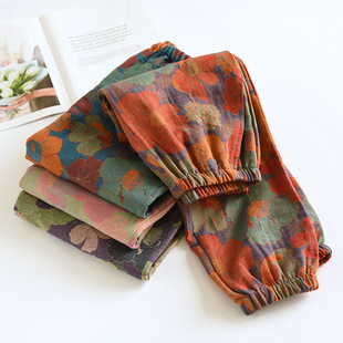 Spring and Autumn Summer Cotton Yarn-dyed Vintage Jacquard Pajama Pants Women's Gauze Nipped Home Mom's Casual Outer Wear Trousers