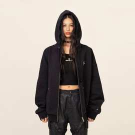 现货SMFK R十字花经典拉链帽衫纯棉金属铆钉宽松连帽卫衣女外套