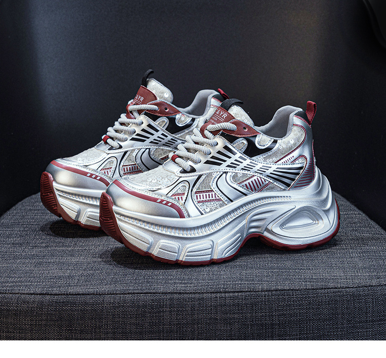 Giày sneaker chunky đế dày độn cao bên trong nữ phong cách thể thao thời trang mùa hè 2025 — M2832 màu đỏ, M2832 màu be, M2832 màu bạc chi tiết 23
