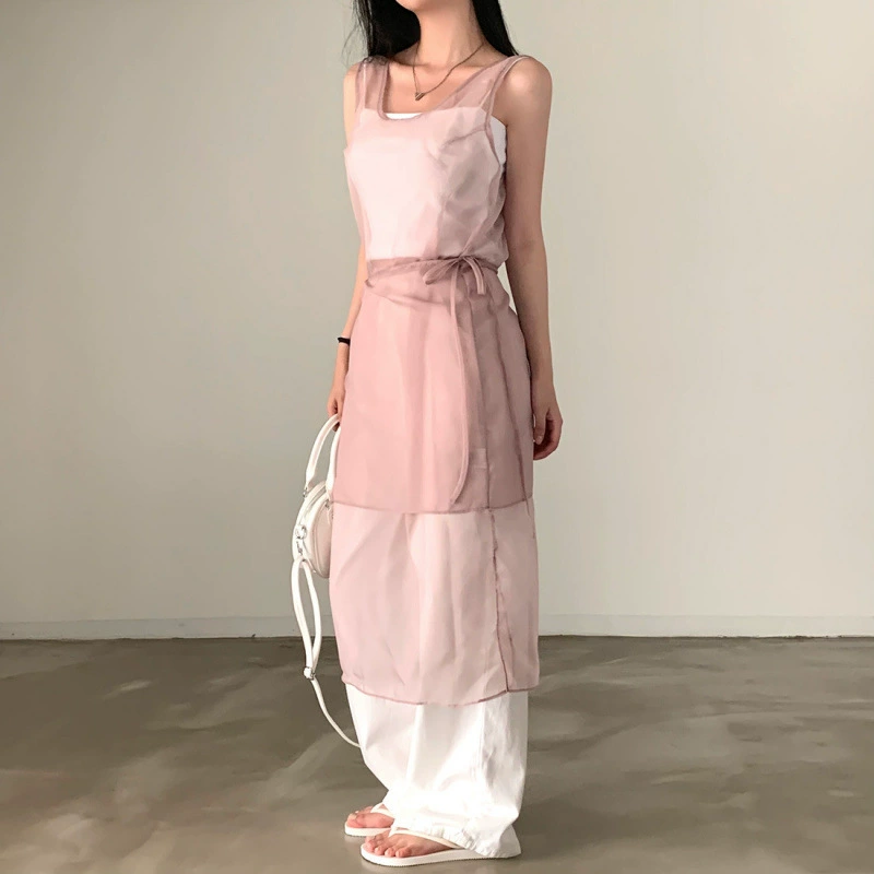 Новое летнее платье-жилет в корейском стиле ins2025: сладкое, модное, многослойное, с бретельками, сетчатое, полупрозрачное.