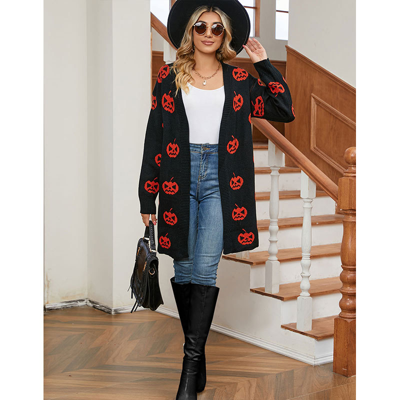 Placket Placket Type Wholesale Women's Casual Streetwear Halloween Pattern Long Sleeve Jacquard Sweaters & Cardigans