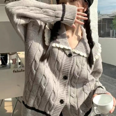 慵懒风灰色毛衣开衫女秋冬新款麻花软糯小个子娃娃领针织外套上衣