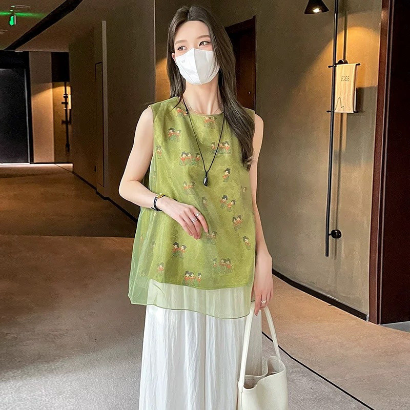 High-Quality Breathable and Comfortable Age-Reducing Middle-Aged Women's New Chinese Style Vest Tops Summer New Loose Slimming Shirts