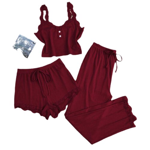 【Win Cup Cross-Border Strict Selection】Cross-Border Bestselling European and American High Elastic Lace Edge Strappy Short Long Pants Set of Three for Women