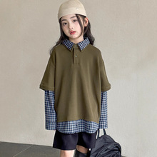 小红鱼女童假两件卫衣春秋款2025新款大童宽松格子Polo衫秋装上衣