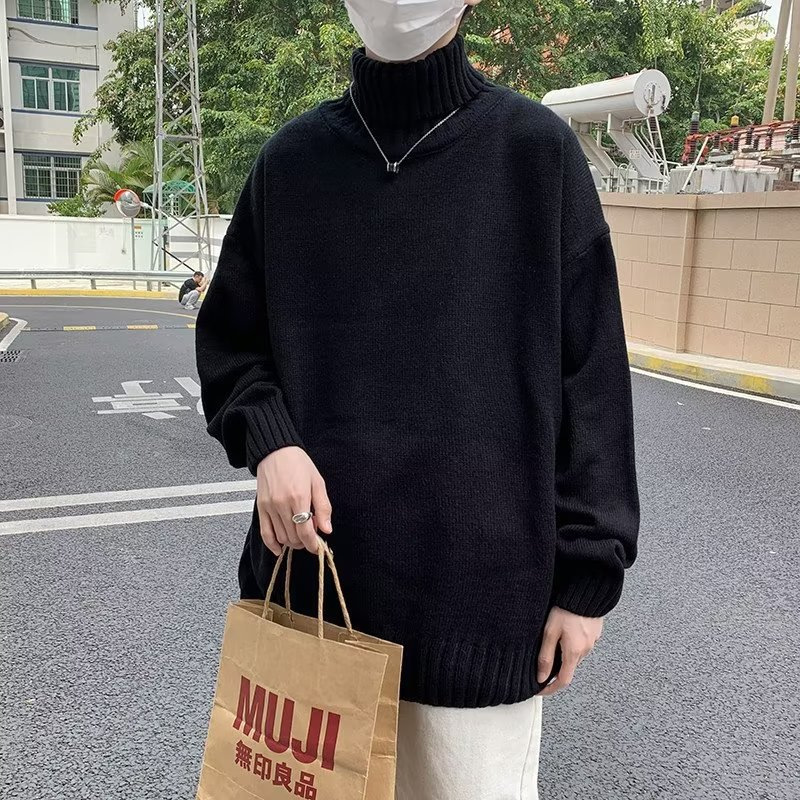 Korean style solid color turtleneck sweater for men, 2025 autumn/winter trendy retro loose knitwear, lazy wool coat.