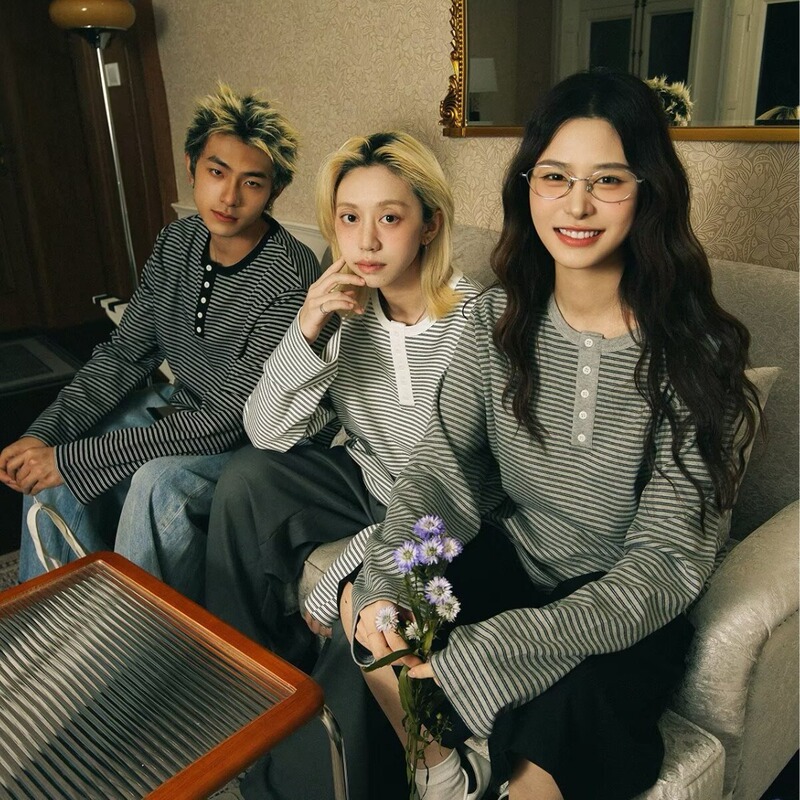 American Henry Collar Stripesd Long-Sleeved T-Shirt for Men and Women in Autum Lazy Thin Cleanfit Couple Outer Wear Bottoming Shirt