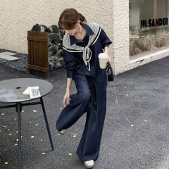 实拍藏青复古松弛感牛仔衬衫套装2025秋韩系气质休闲阔腿裤两件套