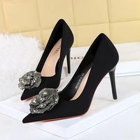18249-H52 High Heels Women's Shoes Thin Heels Ultra High Heels Silk Shallow Mouth Pointed Water Diamond Rose Single Shoes