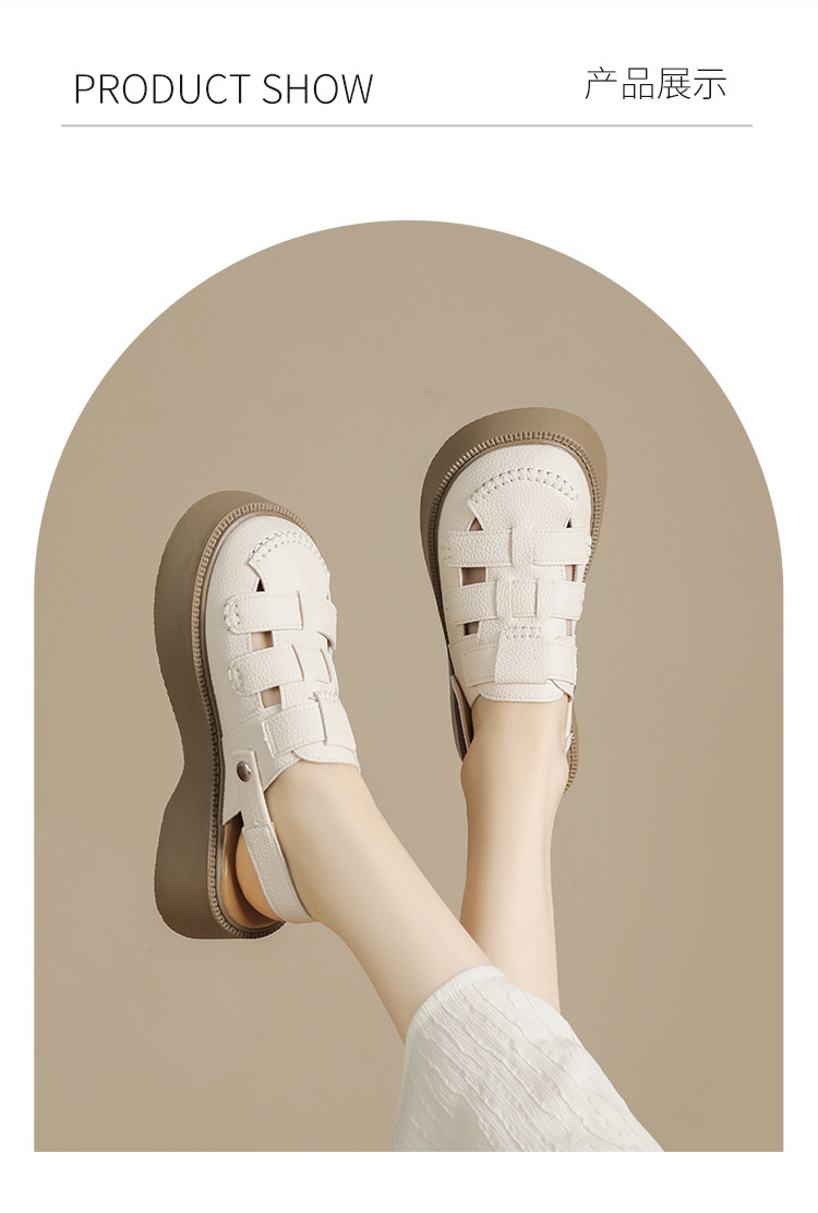 Sandal bít mũi đế dày phong cách La Mã nữ, quai chữ V — AB16N be đen chi tiết 12
