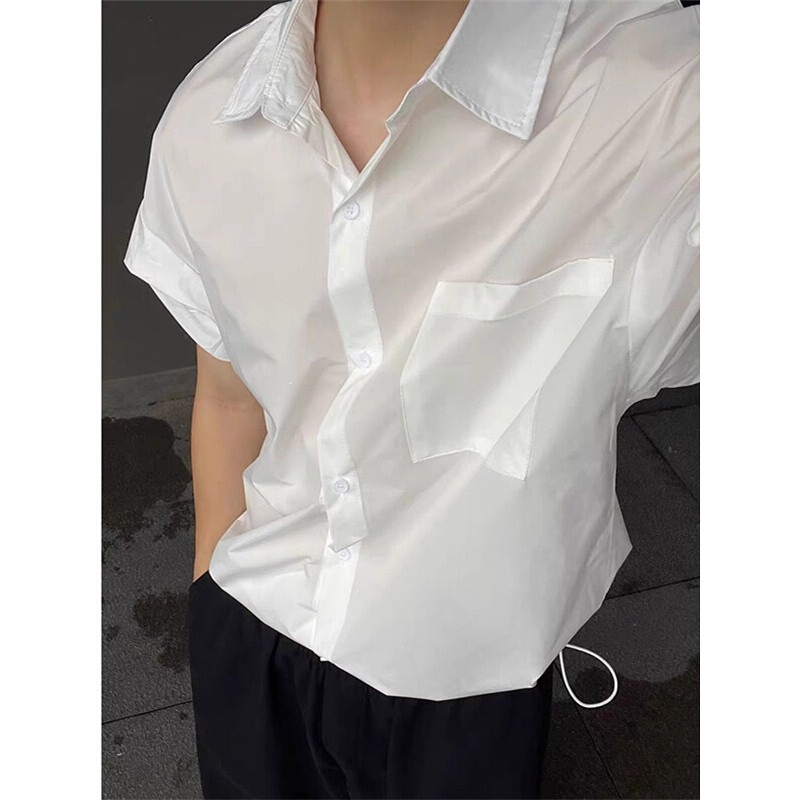 Workwear-Style Drawstring Short-Sleeve Shirt for Men, Summer Loose Casual Couple Half-Sleeve Shirt Ck67