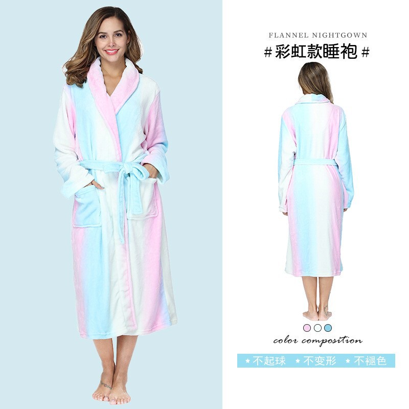 Women's Thick Fleece Long Bathrobe, Soft and Warm, Full-Length Shawl Collar Loungewear, Gradient Color, Sizes S-Xxl