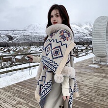 厂家现货加厚保暖毛边民族风披肩披风套头针织披肩女外搭斗篷旅游