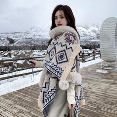 厂家现货加厚保暖毛边民族风披肩披风套头针织披肩女外搭斗篷旅游