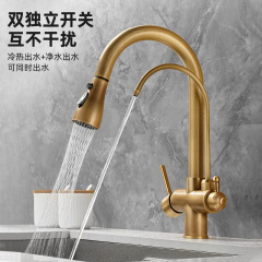 跨境全銅三合一淨水龍頭抽拉式廚房水槽洗菜盆冷熱直飲水龍頭防濺
