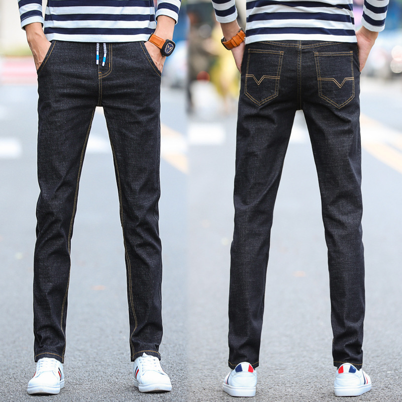 Iron-free men's slim-fit elastic waist jeans men's lace-up drawstring elastic feet metal-free men's youth pants Iron-free men's slim-fit elastic waist jeans men's lace-up drawstring elastic feet metal-free men's youth pants