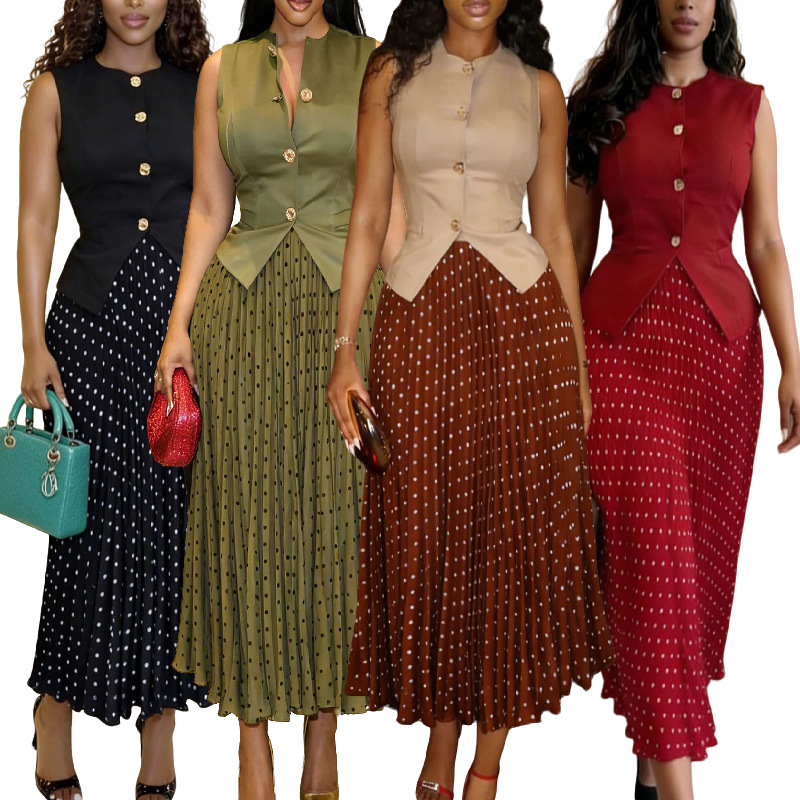 Cross-Border Exclusive Supply of African Women's Clothing 2026 Summer New European and American Style Elegant Sleeveless Vest and Pleated Skirt Set Cross-Border Exclusive Supply of African Women's Clothing 2026 Summer New European and American Style Elegant Sleeveless Vest and Pleated Skirt Set