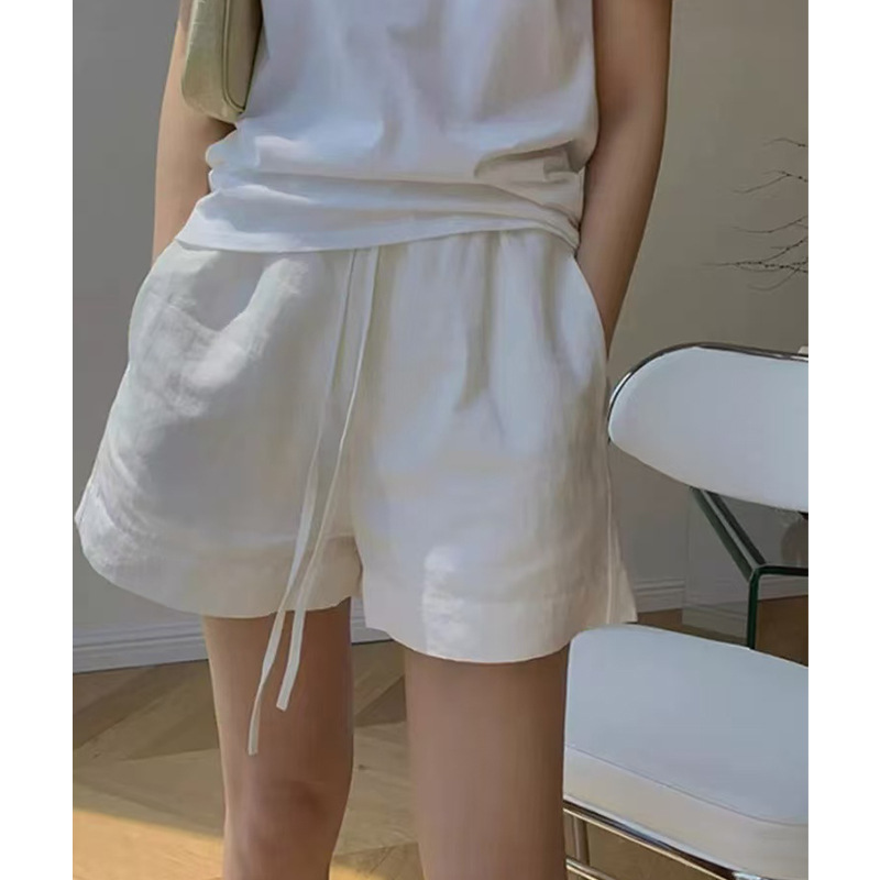 白色水洗亚麻短裤女外穿夏薄款宽松休闲阔腿裤a字棉麻运动五分裤