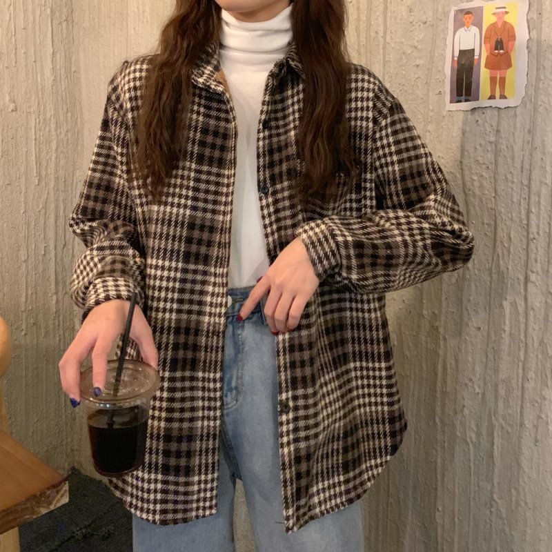 秋冬加绒加厚格子衬衫女复古港味宽松毛呢外套休闲衬衣上衣冬|undefined