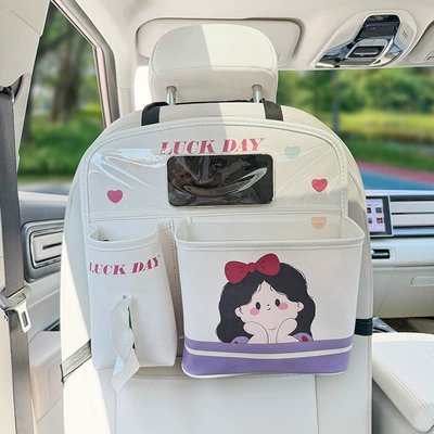 Cartoon Car Interior Anti-kick Pad Princess Long Hair Boys and Girls Waterproof Leather Seat Back Hanging Pad White (Chair back anti-kick pad) - chair-back-storage-bag-love-chubby-black-hair-princess-flat-style-print-leather-white