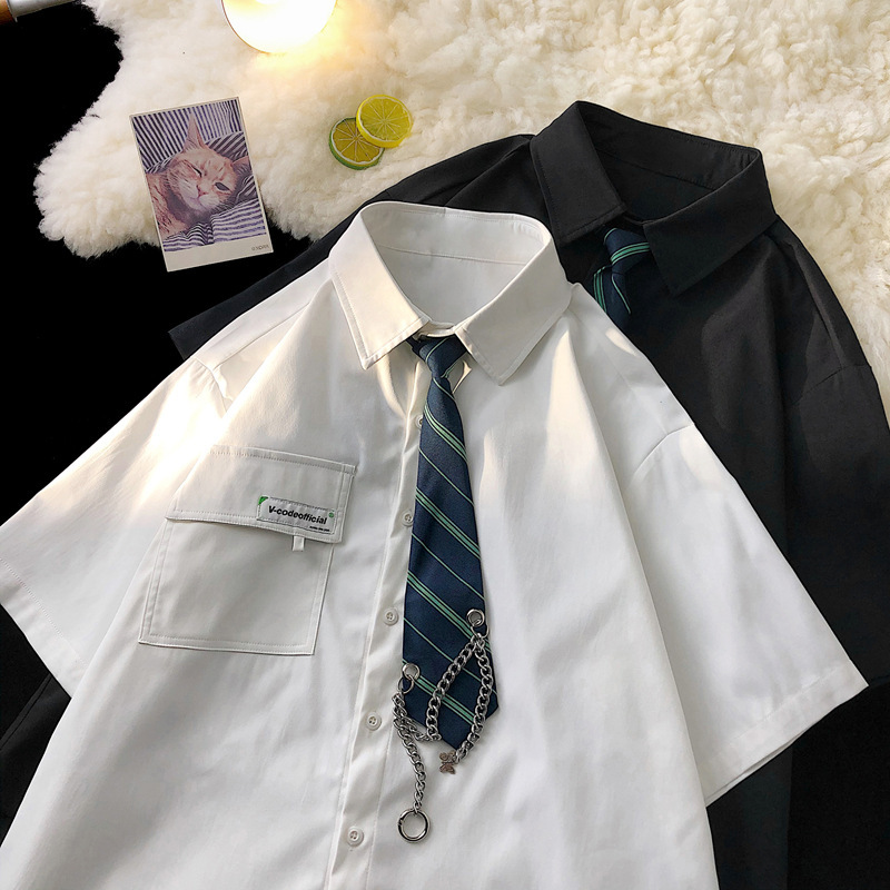 Comercio exterior japonés retro delgada JK corbata camisa verano de los Hombres estilo coreano moda suelta ins pareja todo partido color sólido