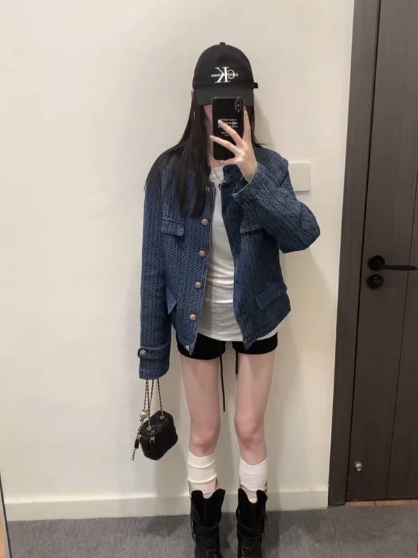 cha香奶奶老钱质感肌理感牛仔短外套女小香风单排扣高级立领夹克|undefined